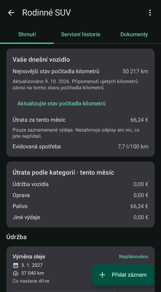 Náklady, ujeté kilometry a palivo
na jednom místě