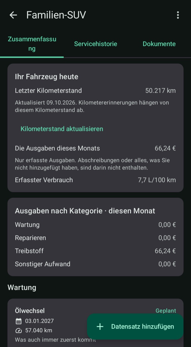Kosten, Kilometerstand und Kraftstoff
an einem Ort