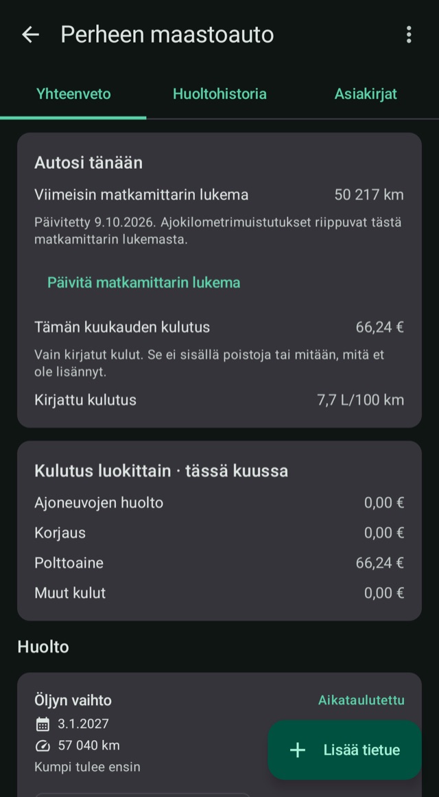Kustannukset, kilometrit ja polttoaine
yhdestä paikasta