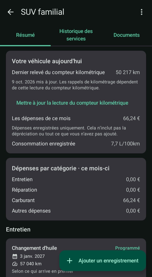 Dépenses, kilométrage et carburant
en un seul endroit