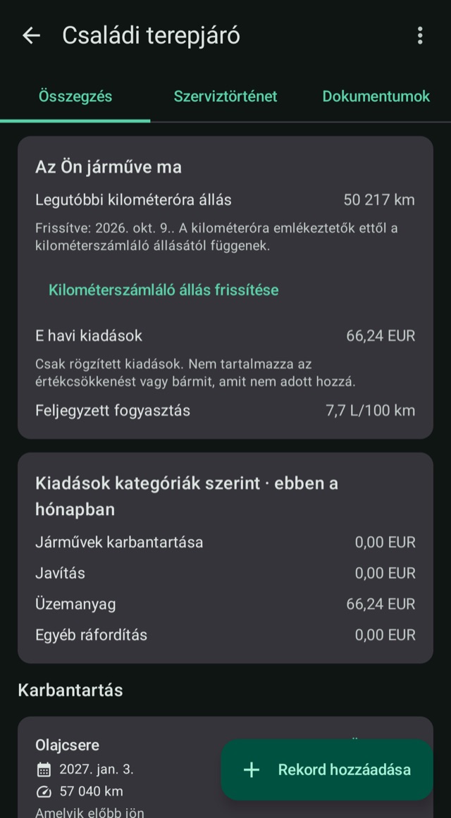 Költségek, futásteljesítmény és üzemanyag
egy helyen