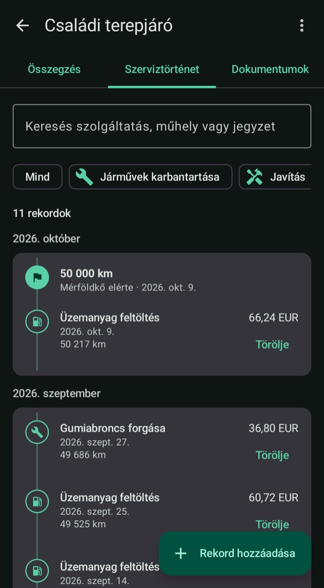 A jármű története,
kilométerről kilométerre