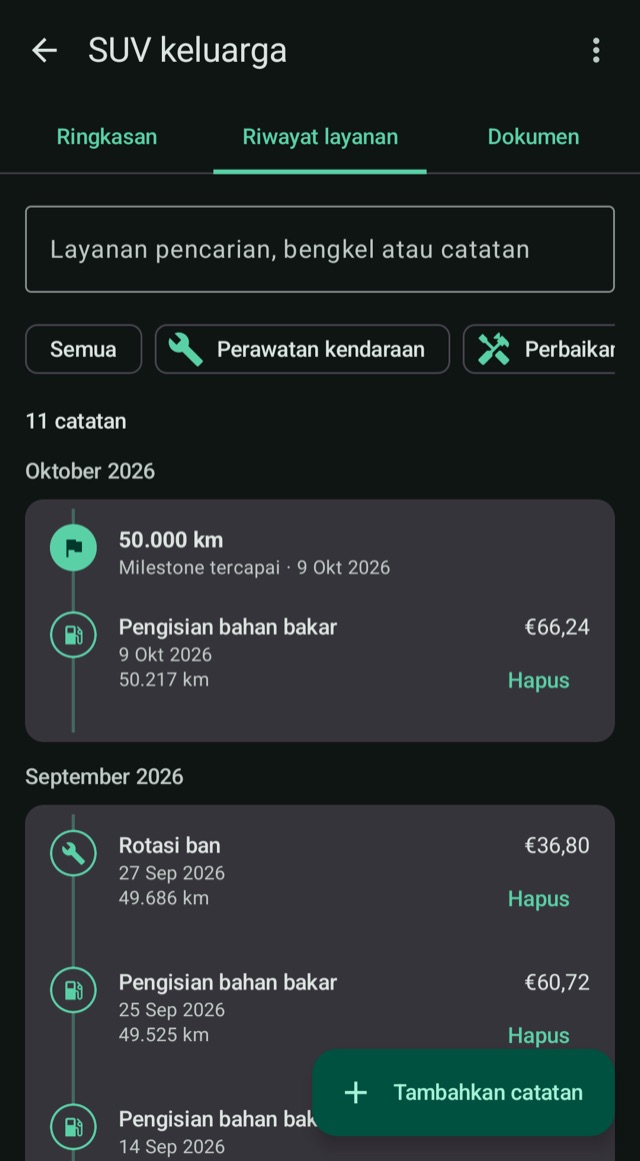 Kisah kendaraan Anda,
kilometer demi kilometer