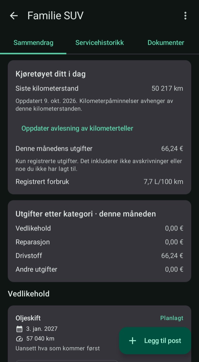 Kostnader, kjørelengde og drivstoff
på ett sted