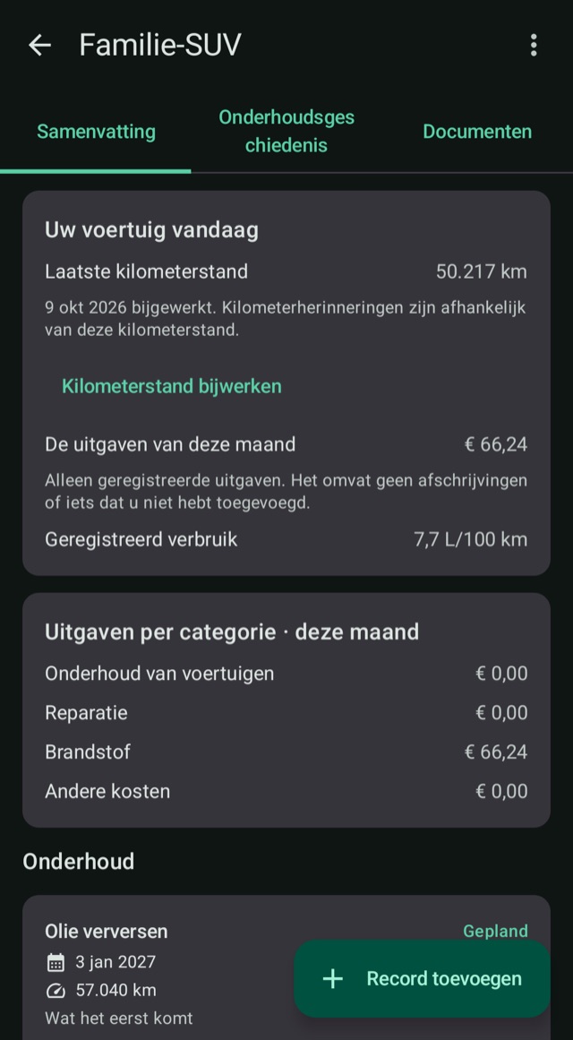 Kosten, kilometerstand en brandstof
op één plek