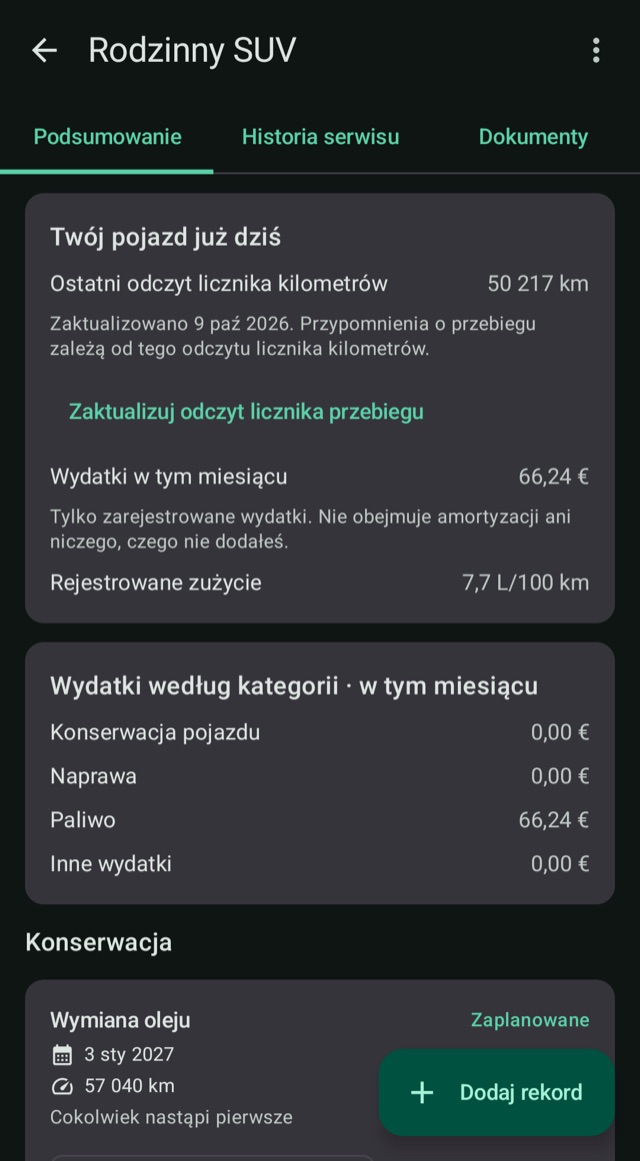 Koszty, przebieg i paliwo
w jednym miejscu