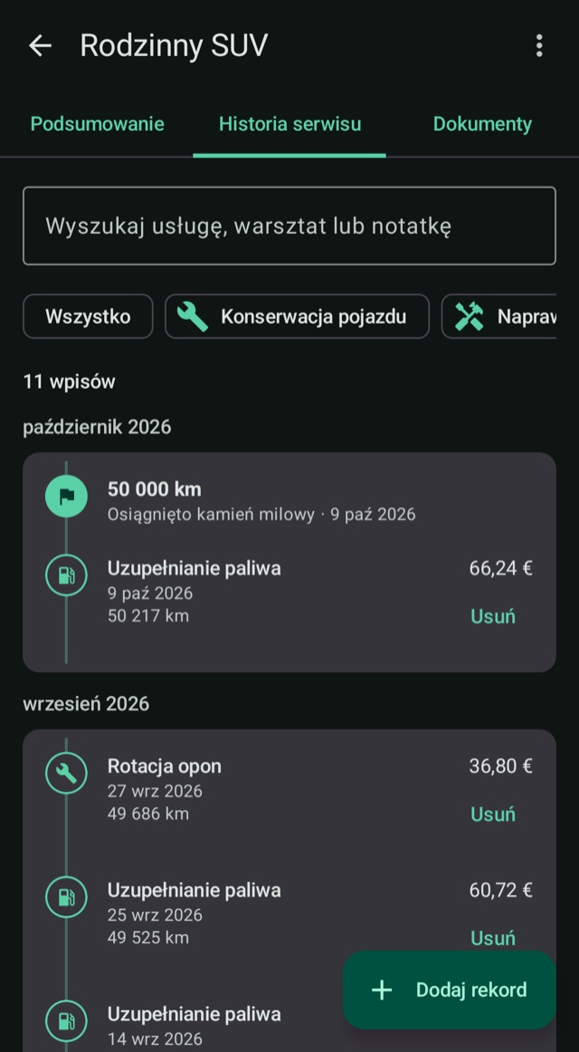Historia Twojego pojazdu,
kilometr po kilometrze