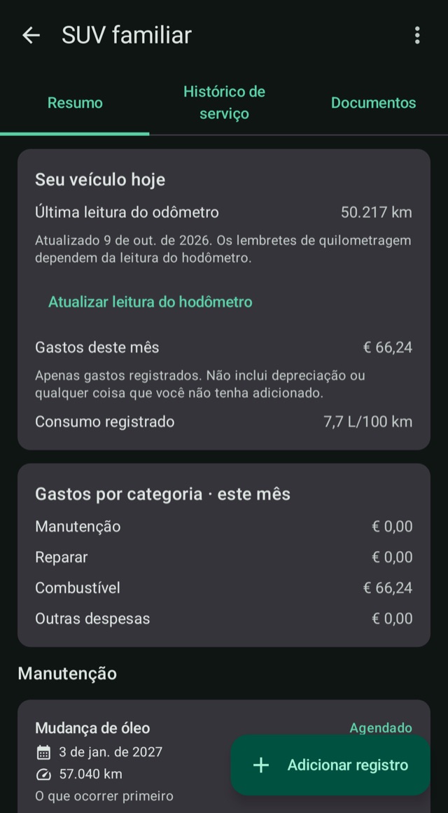 Custos, quilometragem e combustível
em um só lugar