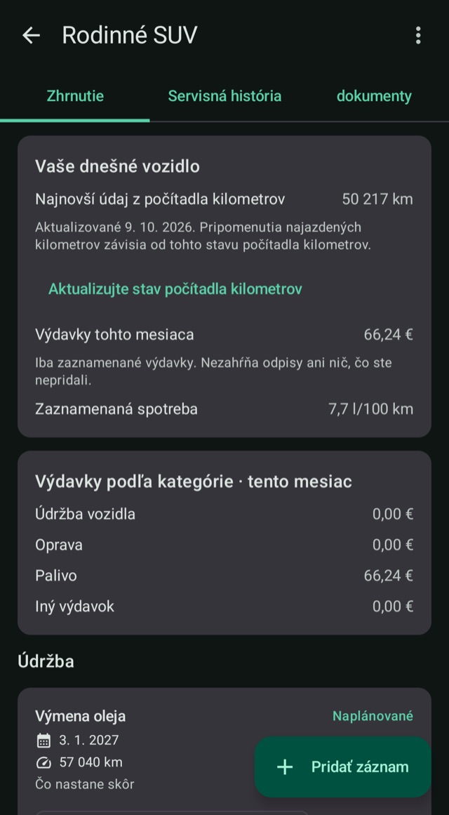 Náklady, najazdené kilometre a palivo
na jednom mieste