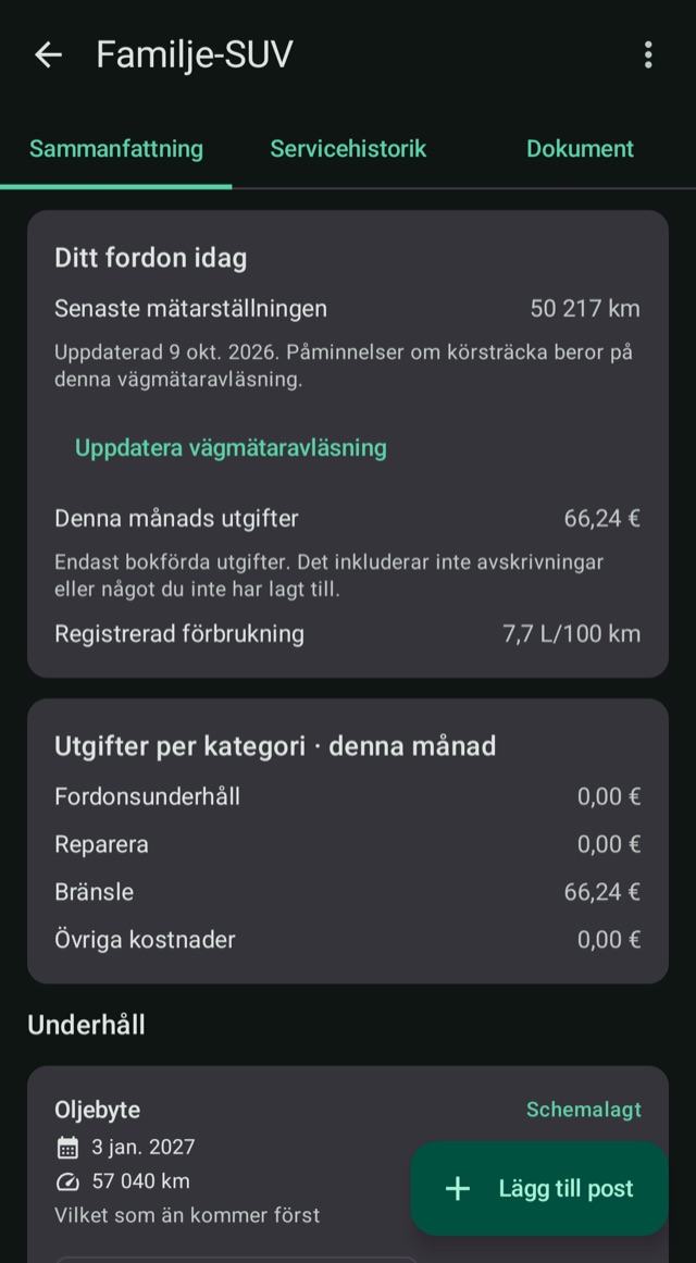 Kostnader, körsträcka och bränsle
på ett ställe
